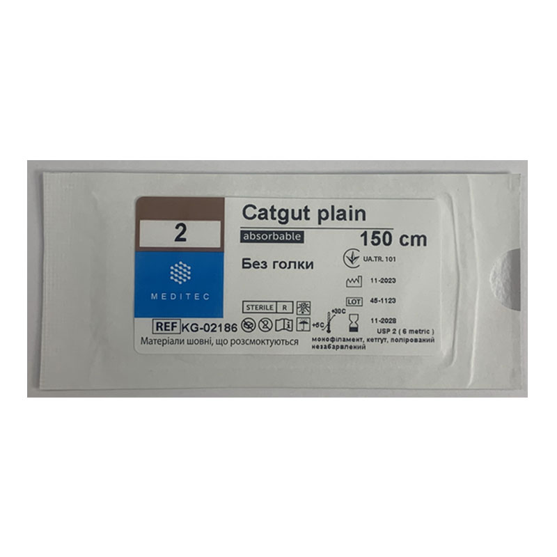 Матеріал шовний хірургічний, що розсмоктується кетгут, USP 2, монофіламентний, незабарвлений, довжиною 150 см, без голки.